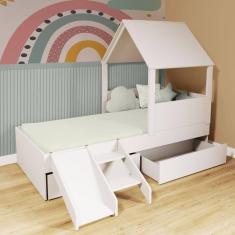 Cama Casinha com Telhado 02 Gavetas e Escada/ Escorregador  Branco Megamobilia