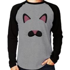 Camiseta Raglan Gatinha Orelhinha Manga Longa - Foca na Moda, Cinza, P