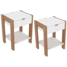 Kit 02 Mesa de Cabeceira Com Tomada 1 Gaveta AZ1016 Amendoa Branco Tec