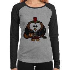 Baby Look Raglan Coruja Rock Guitarra Manga Longa - Foca na Moda, Cinz