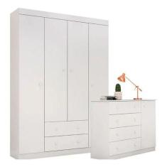 Guarda Roupa Infantil 4 Portas mais Cômoda Sapateira Branco Brilho  - 