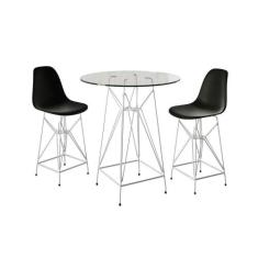 Jogo Mesa Bistrô Eames Vidro 60Cm 2 Banquetas Preta Base Ferro Branco 