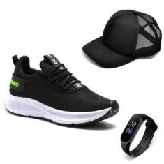 Tênis Esportivo Masculino Treino Academia Fitness Leve Confortável + Relogio + Bone-Masculino