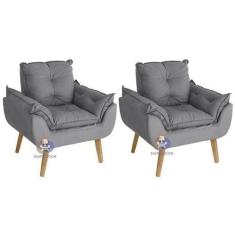 Kit 02 Poltrona/Cadeira Decorativa Glamour Cinza Com Pés Quadrado - Ci