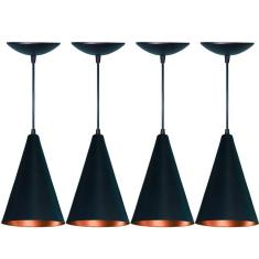 Kit 4 Lustres Pendente Cone em Alumínio  Preto Fosco/Cobre