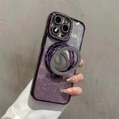 Capa de telefone com suporte magnético para espelho de maquiagem gradiente glitter para iPhone 11 12 13 14 15 Pro Max Capa de proteção de filme de lente de broca de borda, roxo gradiente, para iP