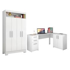 Conjunto Para Escritório 2 Peças com Escrivaninha em L e Armário Multiuso 4 portas Branco Notável Móveis
