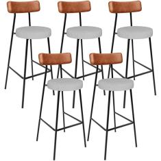 Kit 05 Banquetas Alta Cozinha Sala De Jantar Aço Milão L02 Couríssimo Camel Linho Cinza - Lyam Decor