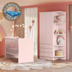 Quarto de Bebê Doce Sonho com Roupeiro 825 e Berço Simples 1 Qmovi Rosa Acetinado + Colchão Ortobom