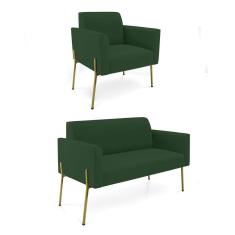 Sofá Namoradeira e Poltrona Pé de Ferro Dourado Salão Marisa Veludo Verde D03 - D`Rossi