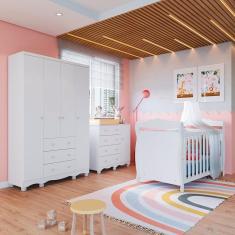 Quarto de Bebê com Guarda Roupa 4 Portas Cômoda 1 Porta 4 Gavetas e Berço Nina 100% MDF Espresso Móveis Branco Brilho