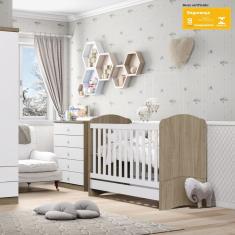 Quarto de Bebê Berço Mini Cama e Cômoda 5 Gavetas Bala de Menta Henn - Rustico com Branco