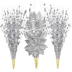 Pacote com 24 enfeites artificiais de caule de frutas silvestres de 43 cm, decorações de palitos de Natal falsos com flores de poinsétia, palitos de contas para decoração de vaso pequeno de casamento