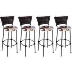 Kit 4 Banquetas Altas Prata com Encosto Junco Argila Assento Floral Marrom