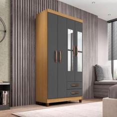 Guarda Roupa Solteiro Mogi Com Espelho 4 Portas Carvalho Americano Gra