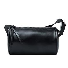 Mini bolsas transversais fofas para mulheres, bolsa tiracolo, bolsa de ombro, bolsa de couro cilíndrica, Preto