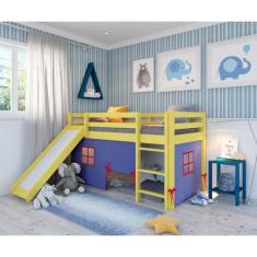 Cama Alta Kids com Escorregador e Tenda em Madeira Maciça/mdf Amarelo/azul