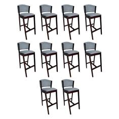 Kit 10 Banquetas Alta de Madeira Maciça Castanho Premium Ana com Encosto Linho Cinza