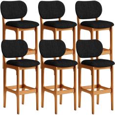 Kit 6 Banquetas Alta Bar Cozinha Sala Jantar Fixa Betta L02 Imbuia Linho Chumbo - Lyam Decor