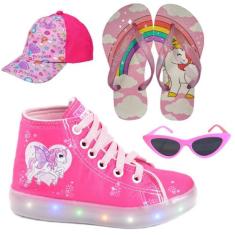 Tênis Botinha Infantil Feminino De Led Unicórnio Cano Alto +Óculos+Bon