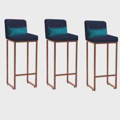 Kit 03 Banqueta Alta com Encosto Lucca Industrial Cozinha Balcão Ferro Bronze Suede Azul Marinho e Almofada Azul Turquesa - Ahazzo Móveis