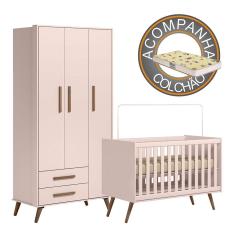 Quarto de Bebê Qencanto com Roupeiro e Berço Qmovi Rosa + Colchão Gazin