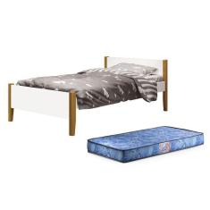 Cama Solteiro Simba Branco Fosco Com Pés Amadeirado E Colchão D20 - Reller Móveis Branco Fosco