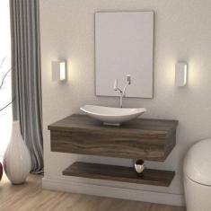 Bancada para Banheiro 80cm com Cuba Canoa L45 Prateleira e Espelheira 