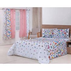 Jogo Lençol 4 Peças Cama Viúva 1,88mx1,28mx30cm 100% Algodão 180 Fios Borboletas Coloridas