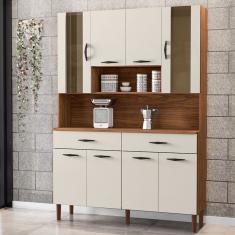 Armário de Cozinha Golden 8 Portas 2 Gavetas com Vidro Nogueira/Off White - Kits Paraná