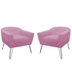 Kit 02 Poltronas Decorativas Jolly Pés Aramado Suede Rosa - DS Estofad