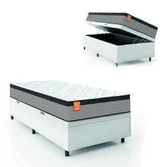 Cama Box Baú Colchão Solteiro Molas Ensacadas Real 88x188x68cm Linho Branco / Preto Inducol - Suporta até 130kg por Pessoa