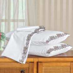 Jogo De Lençol Queen Bordado 100% Algodão 4 Peças Mondrean - Branco - 