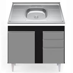 Balcão Gabinete Com Pia Inox 100cm 3 Portas 2 Gavetas Luziania Preto/Cinza - Lumil Móveis