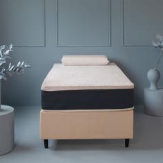 Cama Box Solteiro com Colchão Mola Ensacada Guldi Firme e 1 Travesseiro Guldi Nasa Viscoelástico Natural, Azul e Branco