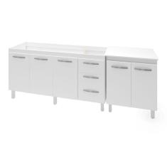 Armário Cozinha Gabinete Pia De 160 Cm Emily Com Balcão Multiuso Micro-Ondas Branco Serena