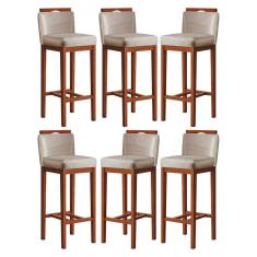 Kit 6 Banquetas Alta Estofada com Encosto 38x102 Cm Líbia Madeira Maciça Suede Bege CCS