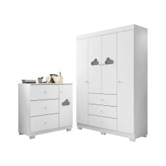 Kit Quarto Infantil Bebê Ane Detalhe Nuvem Cômoda 3 Gavetas E Guarda Roupa 4 Portas 3 Gavetas Bco - Phoenix Baby