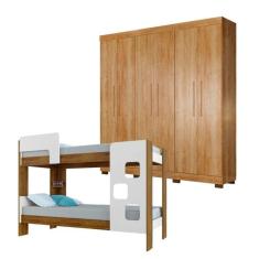 Quarto Infantil/Juvenil Beliche 100% MDF Vegas e Guarda Roupa 6 Portas 4 Gavetas Flórida 100% MDF Branco/Amadeirado