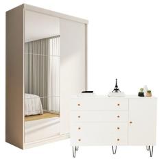 Conjunto Guarda Roupa Solteiro Premium 138cm 2 Portas e Cômoda 129,5cm