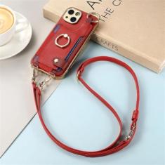 Para iphone 15 14 plus 13 12 11 pro max chapeamento caso do telefone alça de pulso anel com cordão longo & amp; Capa de couro PU com corda de mão curta, vermelha, para iPhone 14