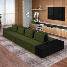 Sofá Ilha com Encosto e Almofadas Móveis Olimpo 465cm Modulado Linho/PU Verde/Preto G45 - Gran Belo