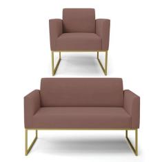Sofá Namoradeira com Poltrona Base Industrial Dourado Marisa Veludo Ro