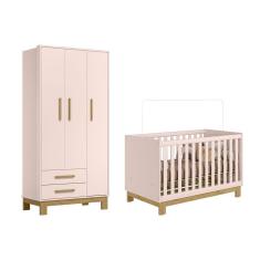 Guarda Roupa Infantil 3 Portas e 2 Gavetas com Berço Mini Cama Encantado Q01 Rosa Clique Chique
