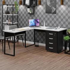 Conjunto De Escritório Escrivaninha Em L E Gaveteiro Volante NetMobil (Branco)