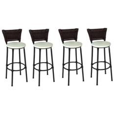 Kit 4 Banquetas Altas Preta com Encosto Junco Argila Assento Branco - 