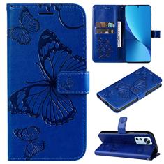 Capas de telefone borboleta em relevo compatíveis com Xiaomi 12 Lite 12Lite capa de couro luxo slots para cartão de visita clipe carteira capa de telefone à prova de choque (azul, Xiaomi 12 Lite)