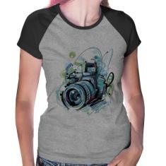 Baby Look Raglan Câmera Fotográfica - Foca na Moda, Cinza, Preto, P