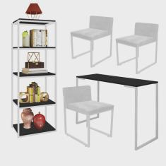 Kit Escritório Ravi 3 Cadeiras Suede Branco com 1 Mesa e 1 Livreiro Ferro Branco mdf Preto - Ahazzo Móveis