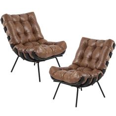 Kit 02 Poltronas Sala De Estar Costela Preto L04 Couro Mel
